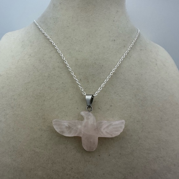 Rose Quartz Eagle Pendant Necklace on Silver Plated Box Chain - Picture 4 of 5
